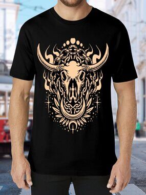 Black Tee with Beige Bull Skull Graphic